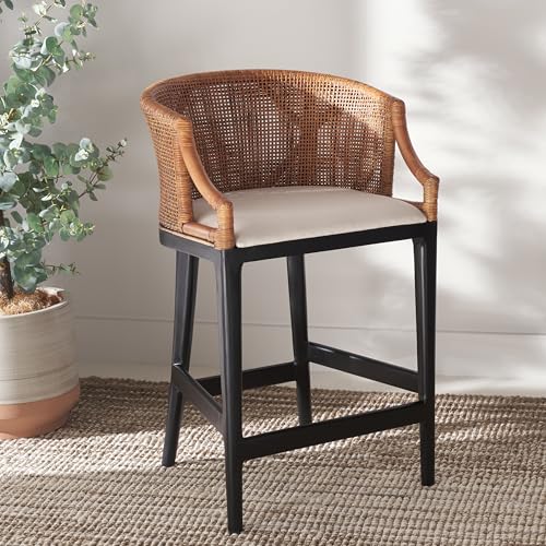 Taburete para mostrador SAFAVIEH Brando - Marrón y Negro con cojín blanco - Estructura de madera sólida - Diseño costero tapizado - Ideal para cocina, bar o comedor - Totalmente ensamblado (BST4000D) miniatura 2