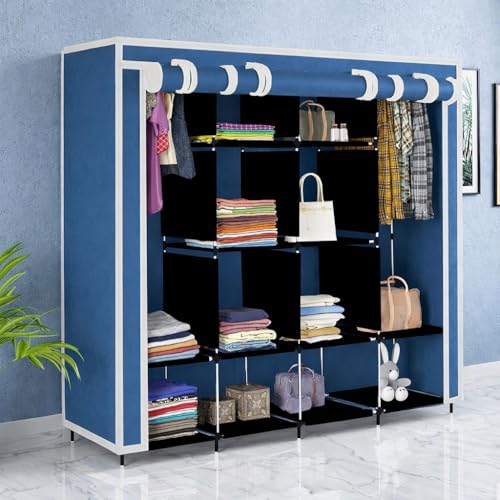 Image of 12-Shelf Collapsible Wardrobe, Portable Foldable Design, Dustproof Non-Woven Cover, Sturdy PP Resin Shelves, Blue, Standard