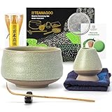 TEANAGOO Matcha Set| Matcha Besen|Matcha Tea Set | Matcha Schale| Matcha Whisk,Schaufel, Sieb, Matcha-Besenhalter, Matcha-Besenständer-7 Stück MatchaTee Sets,N6, Lt.grün mit Schwarzer Naht