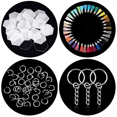 24 Pieces Christmas Acrylic Transparent Hexagon Discs Clear Acrylic Discs with 24 Pieces Key Chains and 24 Pieces Silver Tassel Pendant Keyring for DIY Projects and Crafts