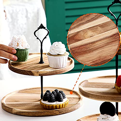 POHOVE 2 Tier Wooden Fruit Tray Stand,Two Tier Tray Wood Farmhouse,Wooden Cake Stand,Wood Tiered Tray Decor Holder,With Metal Handle for Christmas Birthday Wedding Decor(size:L) - Image 3