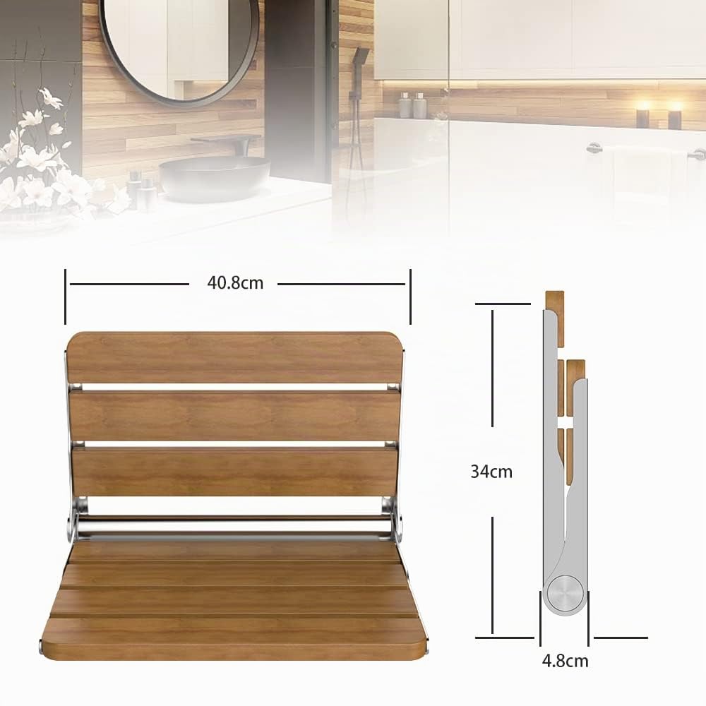 Asiento Ducha Plegable Pared Montada, Silla Abatible Ducha Montado en la Pared ，Taburete Baño Banqueta Ducha para Personas Mayores Minusvalidos Adultos（Madera de Roble Maciza）