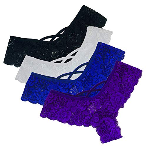Panties Underwear Hipster Panties Sexy G-String Lace Briefs for Women (4 Pack) Black,Blue,Purple,White L