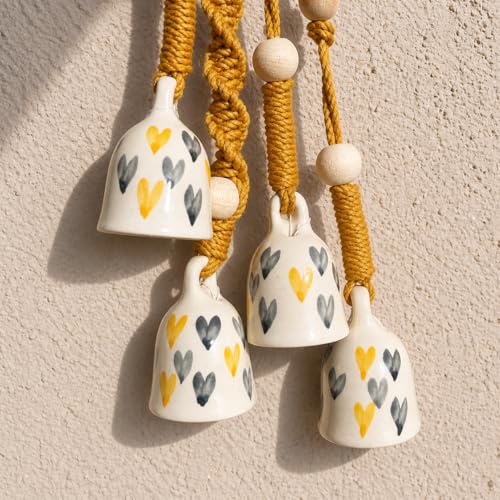 Image of Mundane | Macrame Bell Hanging with Handpainted Ceramic Bells | Wall & Balcony Home Decor | Bells Size- 2.5 inches | (Grey Yellow Hearts- Yellow Macrame)
