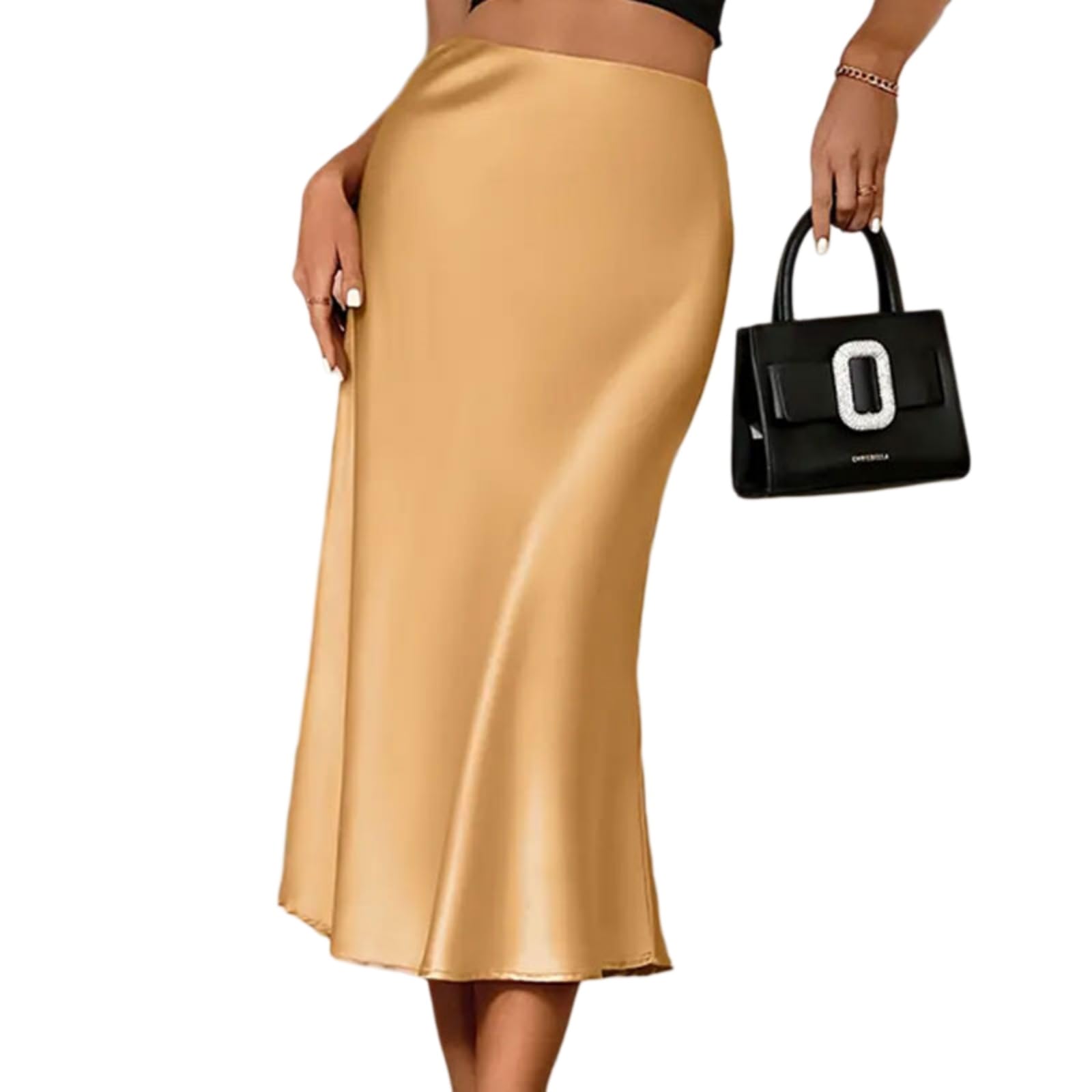 Minifalda Falda Elegante De Las Mujeres Satén Midi Plisado Fluyente A-línea Cintura Alta Elástica Oficina Casual Chic Vestido Moda-ekf068-2-l