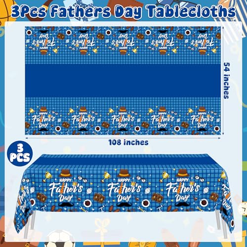 Image of QZYL 3Pcs Fathers Day Decorations, 108 inch X 54 inch Happy Father's Day Tablecloth, Disposable Blue Plastic Tablecloth, Rectangle Tie Hat Man Beard Father's Tablecloth for Dad Party Home Dinner Decor