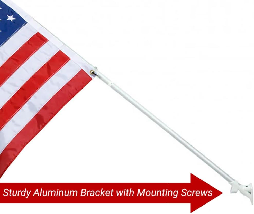 Grace Alley Flag Pole Kit 6 Ft Flagpole with Embroidered American Flag - Embroidered Stars & Stitched Stripes, White Aluminum Rust Free & Tangle Free Wind Resistant Pole and Sturdy White Bracket