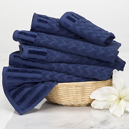 Lavish Home 6-Piece Cotton Deluxe Plush Bath Towel Set – Chevron Pattern Plush Sculpted Spa Luxury Decorative Body, Hand and Face Towels (Navy), 27'x54"x0.25" - Image 3