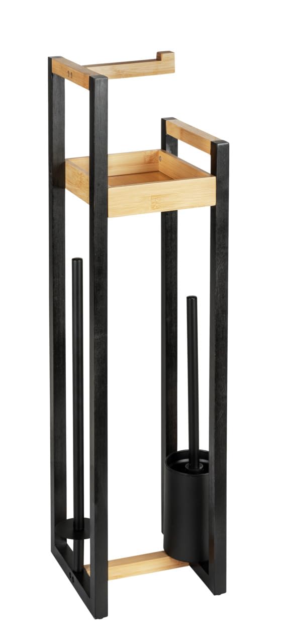 WENKO Stand WC-Garnitur Mod. Braidi 4in1 FSC Zertifiziert aus Bambus mit Toilettenbürste Rollenhalter und Ablage Maße 26 x 75,5 x 20 cm Farbe Natur Schwarz
