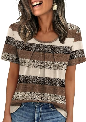WIHOLL Womens Summer Tops Trendy Short Sleeve Shirts Beach Vacation Clothes Scoop Neck Loose Fit Blouses Spring Fashion Clothing Travel Vacation Outfits Striped Print L