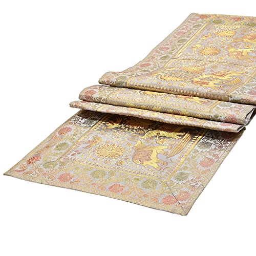 Image of Home Decor Brocade Silk Table Runner for Dinning Table & Centre Table Elephant & Peacock / 16 X 60 Inches (Grey)