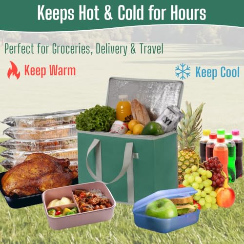 Image of 2 Pack Large Insulated Bag with Reinforced Lid and Handles, Foldable Cooler Stand Up Shopping, Thermal Reusable, Durable Meal (Green, Pack of 2)