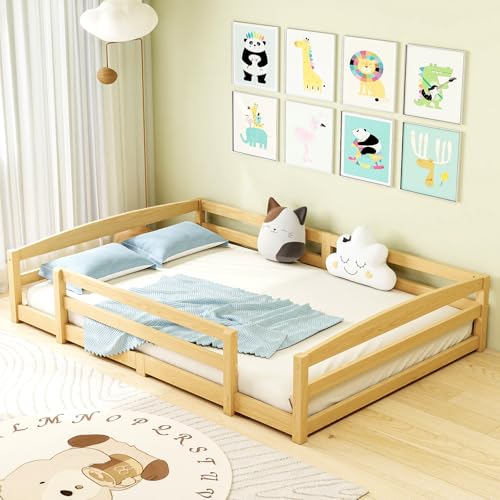 Ryuhic 190 x 135 cm Toddler Floor Bed Fits UK Double Mattress Montessori Inspired Low Frame with Safety Rails and 2 Side Openings Solid Pine Wood Childrens Bed Frame for Toddlers 1-3 Years Old