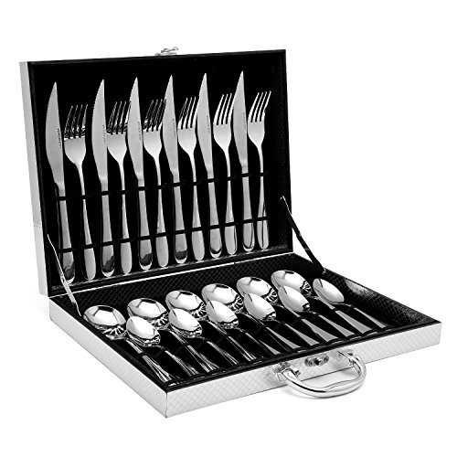 Black Friday - 70% OFF Silverware Set, QWQHI 24 Piece Flatware Tableware Set Stainless Steel Cutlery Set Service for 6, Include Knife/Fork/Spoon, With Wooden Gift Box Silver