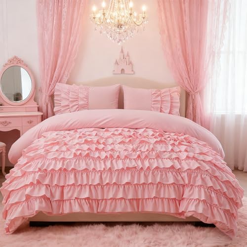 Holawakaka Pink Waterfall Ruffle Comforter Set Queen Size Multi-Layers Ruffled