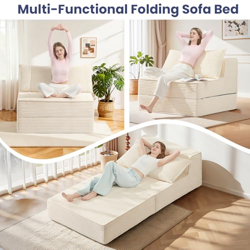 Image of Erament Folding Sofa Bed, 8 inch Convertible Sleeper Sofa Fold Out Chair Bed with Pillow, Portable Floor Couch Lounge Sofa for Living Room Bedroom Guest Room, Beige