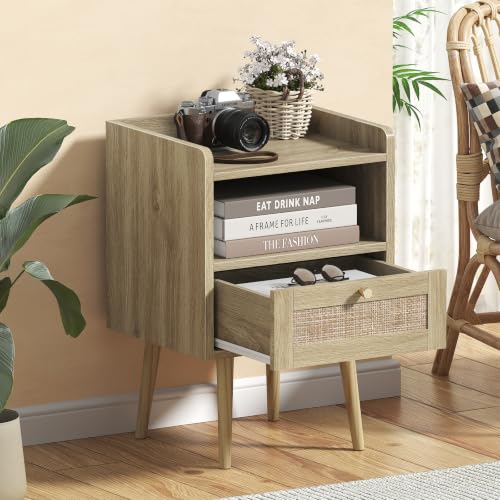 Image of MECHYIN Night Stand with Charging Station & Rattan Decor Drawer, Boho Bedside End Table with Solid Wood Feet, Bed Side Table with Open Storage for Farmhouse Bedroom Living Room Dorm - Natural