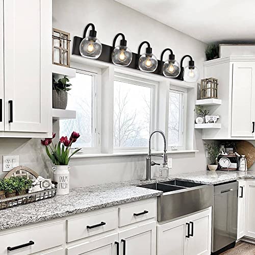 Image of Bathroom Light Fixtures 5-Lights Matte Black Farmhouse Vanity Lighting with Seeded Globe Glass for Over Mirror