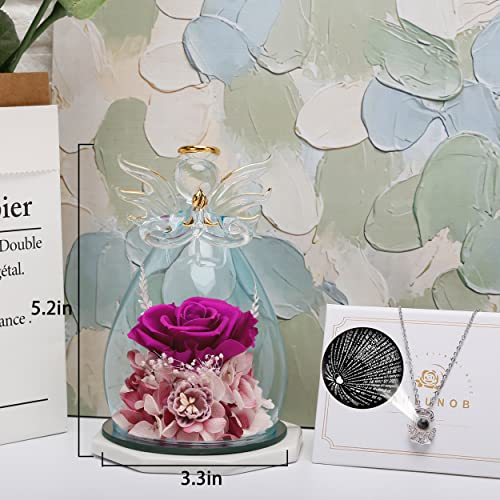 ANLUNOB 5.2×3.3inch Valentine's Day Glass Angel Gifts with I Love You Necklace in 100 Languages Purple Preserved Flowers, Christmas Birthday Gifts for Grandma Mom Women - Thumbnail 3
