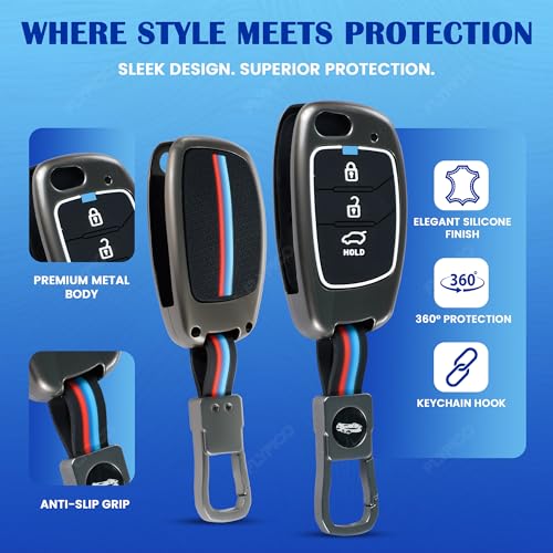 Image of Coll of Fest Metal Silicon Key Cover Compatible with Hyundai Creta | Venue | i20 Elite | Verna | Aura | i10 Grand Nios | Alcazar | Tucson | Xcent | Exter | i20 Active 3 Button Flip Key