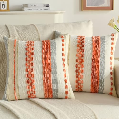 FUTEI Pack of 2 Boho Chenille Decorative Throw Pillow Covers 18x18 Inch Soft Tufted Striped Textured Cushion Case Farmhouse Accent for Couch Bed Living Room Orange Coral