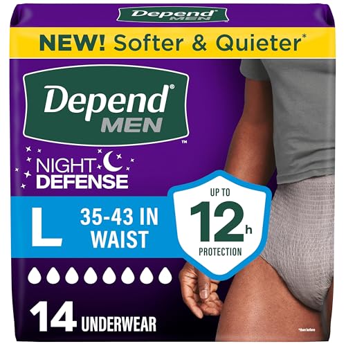 Depend Night Defense Adult Diapers, Incontinence Underwear for Men, Disposable, Overnight, Large, Grey, 14 Count, Packaging May Vary