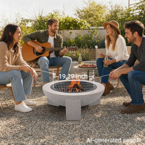 Image of Round Wood Burning fire Pit Outdoor Fireplace for Patio-29.5 inch Gray | MGO Cement Material,BBQ Firepit,Family S'mores Fun,Compact Firepit,Small Spaces,for Garden Backyard ,Outdoor Gatherings