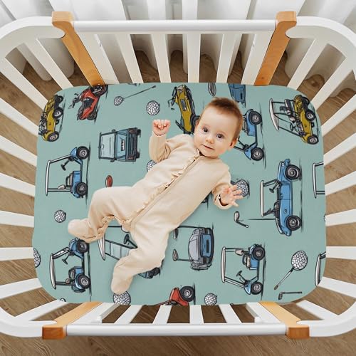 Image of Golf Car Crib Sheets Soft Breathable Fitted Baby Crib Sheets Mattress Cover for Girls Boys, 52 inch x 28 inch x 9 inch