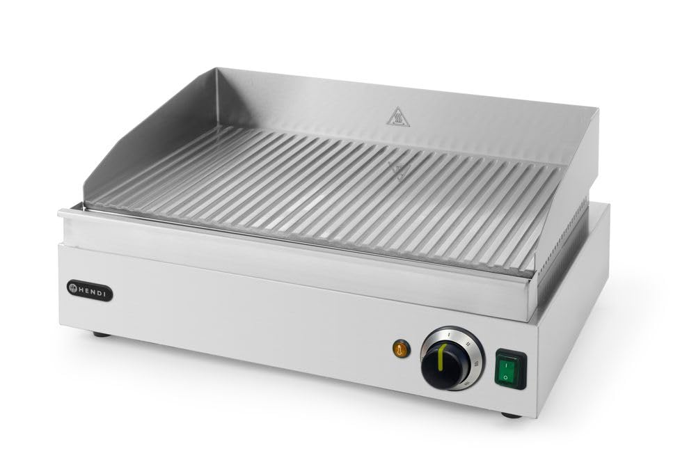 HENDI Plancha de asar eléctrica acanalada, grill parrilla con bandeja de goteo extraíble, temperatura regulable hasta 300°C, 230V, 2400W, 550x380x(H)240mm, acero inoxidable