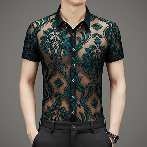 Men Women See Through Shirts Sexy Short Sleeve Night Club Fishnet Lace Shirt4