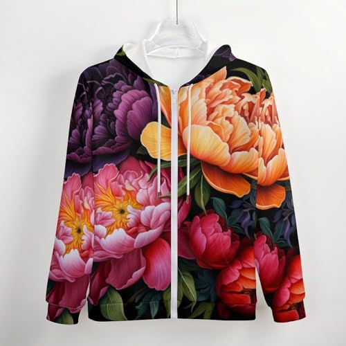 Colorful Peony Flowers Men's Zip Up Hoodie Lightweight Soft Hooded Sweatshirts Casual Jacket Coat4
