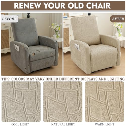 Image of ZNSAYOTX 100% Waterproof Recliner Chair Covers, 3-Piece Stretch Fit Recliner Slipcovers with Buckle & Elastic Band for Lazy Boy, Stay in Place, Soft Plaid Jacquard Protector (Small, Khaki)