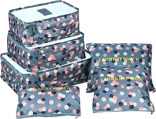 Image of 6 in 1 Polyester Secret Pouch Travel Bag Packing Cubes Laundry Bag with Undergarments & Cloth Storage Organizer Travelling Set /Suitcase Cloth Cube Bag (6 PC SET BLUE FLAWER)