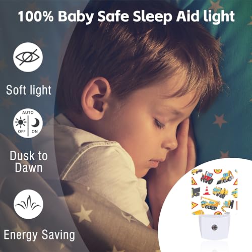Image of Cartoon Construction Vehicles Building Machines Night Light for Kids,Colorful Trucks Cars and Road Signs Night Light Plug in with Dusk to Dawn Sensor,0.5w Energy Saving Nightlight for Home Decor