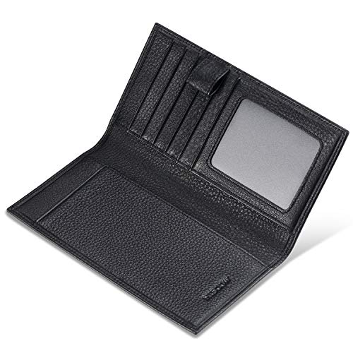 Hiscow Soft Leather Checkbook Cover & Card Holder With Divider - Italian Calfskin (Pebbled Black) #TOP4