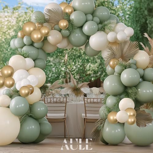 Image of AULE 155Pcs Sage Green Balloon Arch Kit Olive Sand White Balloons | Dusty Green Gold Birthday Anniversary Party Decorations Large Helium Number Balloons Jumbo Giant Huge Mylar