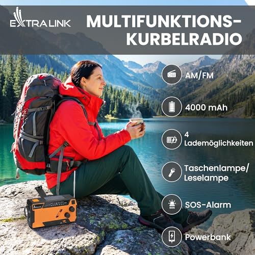 Extralink Kurbelradio Notfallradio mit Solar & Kurbel, Ladefunktion 4000 mAh mit integrierten Ladekabeln, FM/AM Radio, LED Taschenlampe & Leselicht, SOS Alarm - für Blackout, Camping & Outdoor – Bild 3