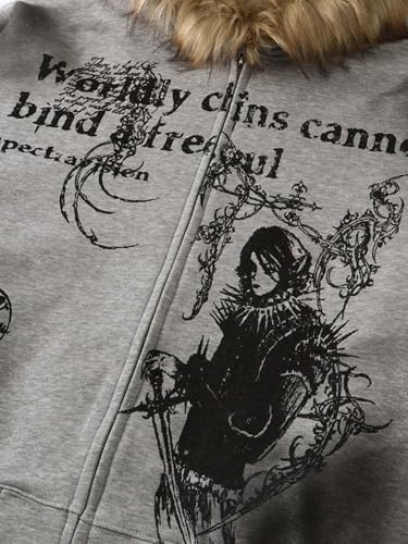 Ponitrack Grey Gothic Graphic Print Zip-Up Jacket with Fur Hoodie - Unisex Large for Edgy Streetwear Vibes - Image 5