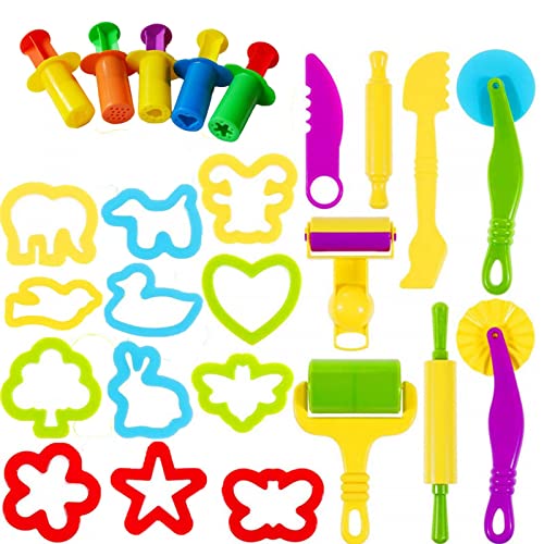 25 Dough Clay Modelling and Extrusion Tools Kit, Creative Dough Clay Rollers Extruders Shape Cutter Animals Molds Pla-stic Playset Dough Clay Accessories (20pcs Play Dough Tool & 5pcs Extrusion Tools)