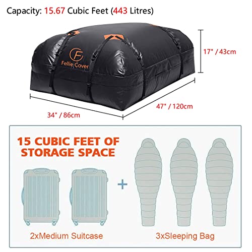 F Fellie Waterproof Car Top Carrier - 443L Cargo Roof Bag with Anti-slip Mat - 47"x34"x17" - Black - Image 4