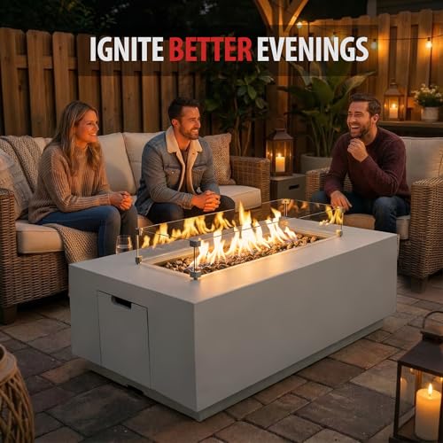 Image of AMS Fireplace Genuine Concrete Rectangular Propane Fire Pit Table for Outside Patio (66 inch Sedona) | Hidden Tank Drawer & Electronic Ignition | w /Bonus Ice Bucket and Rubber Mat (Light Gray)