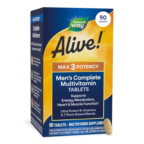 Nature’s Way Alive! Men’s Max3 Potency Daily Multivitamin, High Potency Multivitamin for Men with B-Vitamins for Cellular Energy*, Supports Heart, Muscle and Eye Health*, 90 Tablets