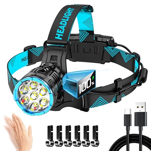 3000 Lux Red Light Lightweight Headlamp with 7 Modes Sensor, Long Time Head Lamp LED Rechargeable, Waterproof Head Lights for Forehead & 90° Adjustable Angle for Hardhat Camping Running Hiking Fishing