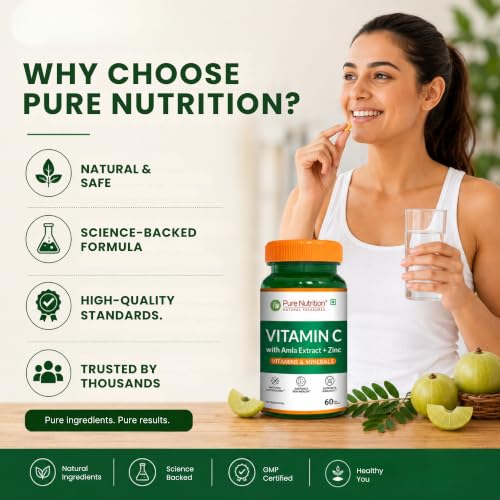 Image of Pure Nutrition Vitamin C with Amla Extract + Zinc Supplement | Boost Immunity | Support In Skin & bone Health - 60 Veg Tablets