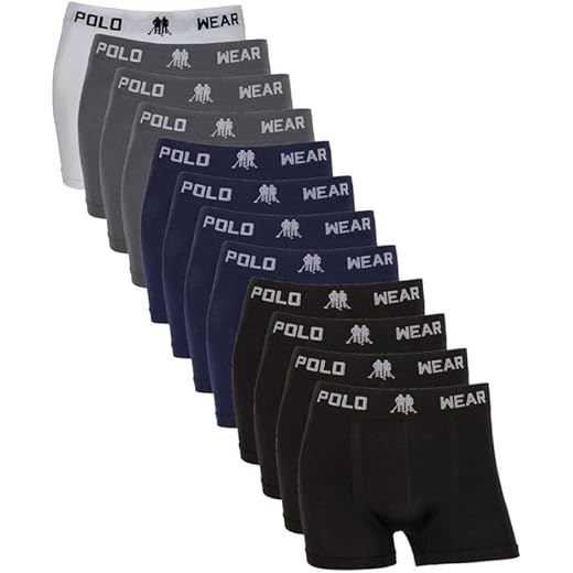 Kit Cueca Boxer Masculina Polo Adulto em Poliéster e Elastano, Conforto, Elasticidade e Respirabilidade, Uso Diário, Tamanhos P ao GG, Cores Sortidas (BR, Alfa, GG, Regular, 12, Liso Sortido)