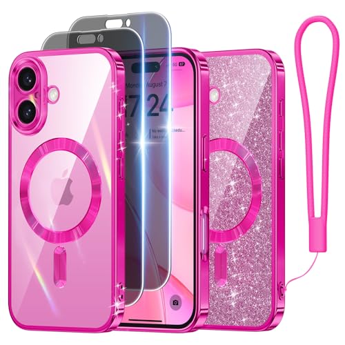 Coque iPhone 16 antichoc rose paillette MagSafe avec verre de sécurité