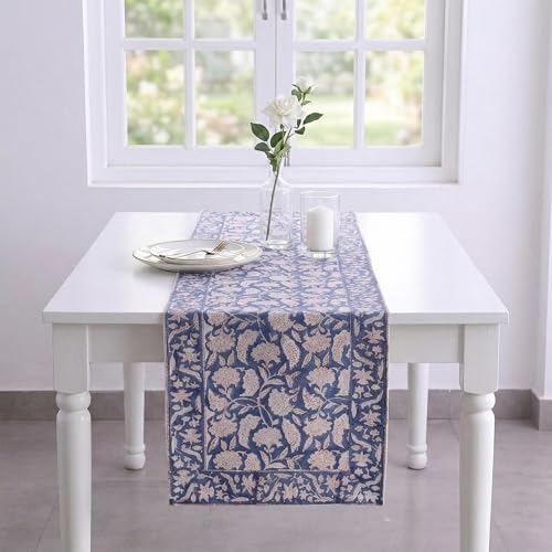 Image of Ravaiyaa - Attitude is everything Cotton Hand Block Printed Table Runner Bed Runner Table Decor (White & Blue Floral)