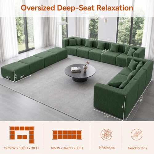 Image of MONVANE 185 inch U-Shaped 12 Seat Modular Sectional Cloud Couch, Forest Green | Sectional Couches for Living Room, High Supportive Backrests, Movable Ottomans, Deep Seat, No Assembly Required