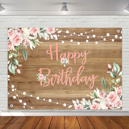 Avezano Rustic Wood Birthday Banner Happy Birthday Party Decorations Pink Floral Girls Women Bday Backdrop Photo Booth Studio Props