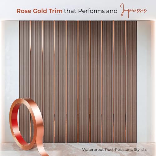 Image of Rose Gold Moulding Patti for Wall - 5M Self Adhesive Metal Strip | T Profile Wall Moulding Trim for Ceiling, Furniture, Cabinet, Tile Border | 50MM SS 201 Mirror Finish (Rose Gold, 50MM)